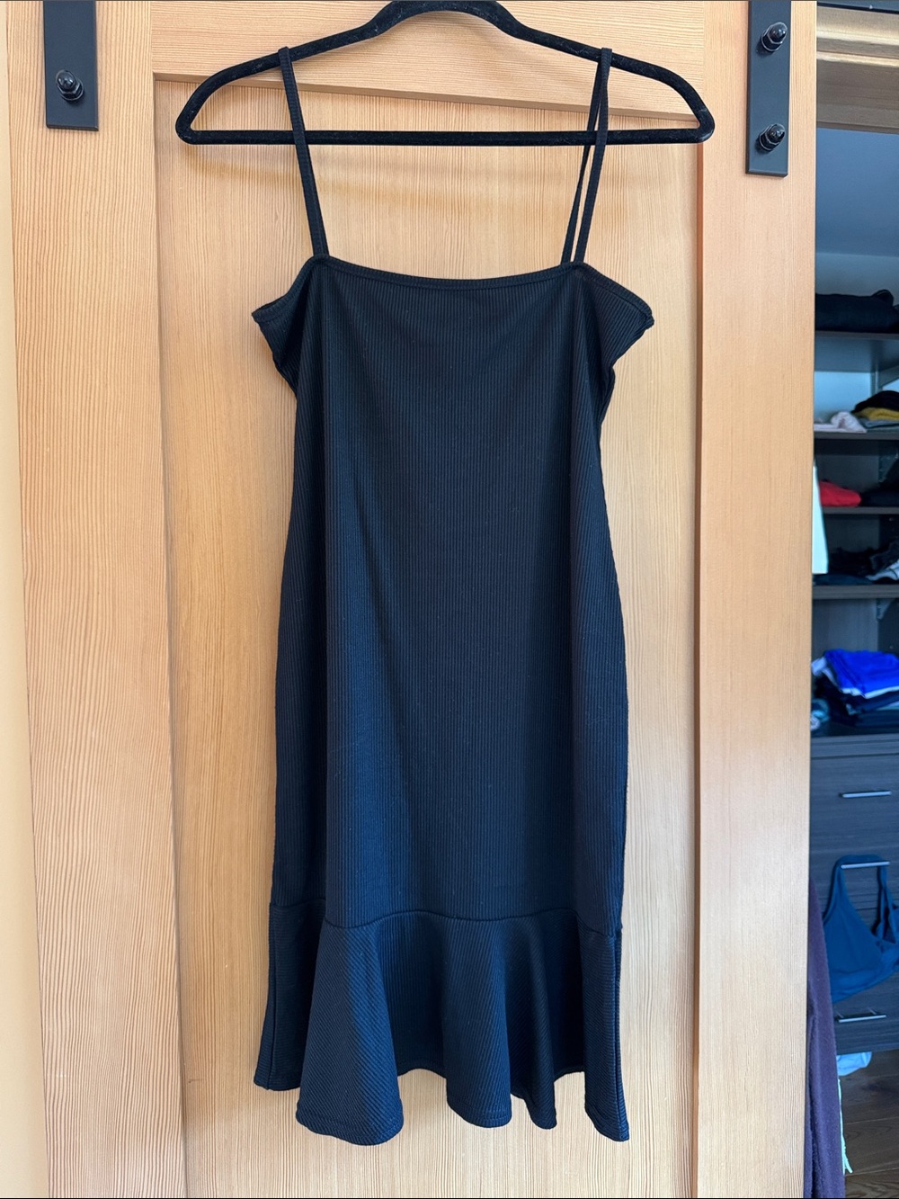 Nasty Gal Black Ribbed Spaghetti-Strap Mini Dress Ruffle Hem Summer